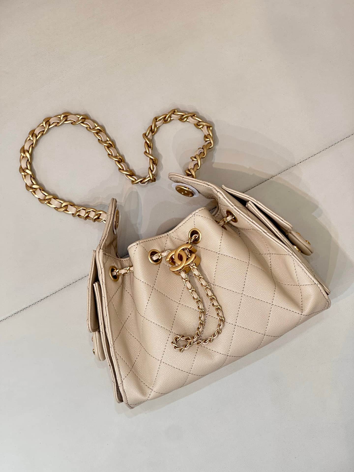 CHANEL 25 Mini Handbag AS5631 Grained Calfskin & Gold-tone Metal Beige TOP