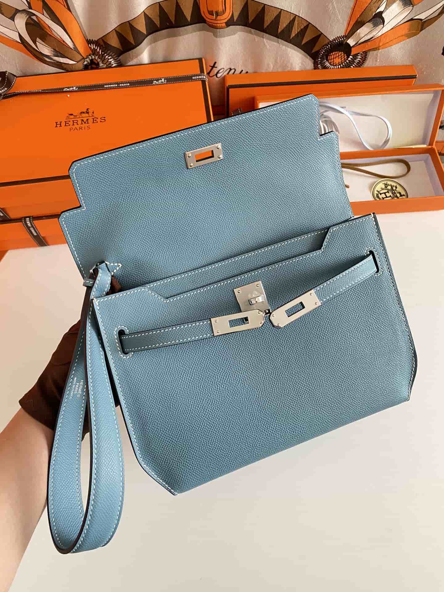 Hermes Kelly Depeches 25 Pouch Epsom Leather Denim Fonce WAX High