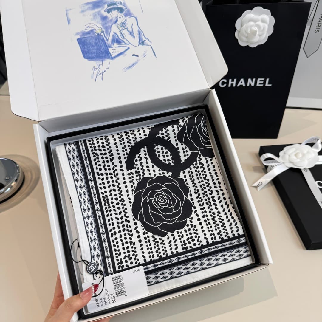 Chanel Camellia Flower Print Silk Square Scarf