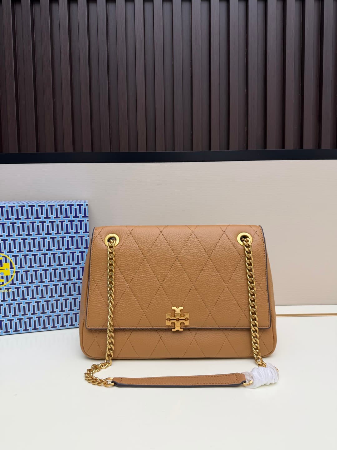 Tory Burch Charlie Quilted Shoulder Bag Caramel Pebbled leather High
