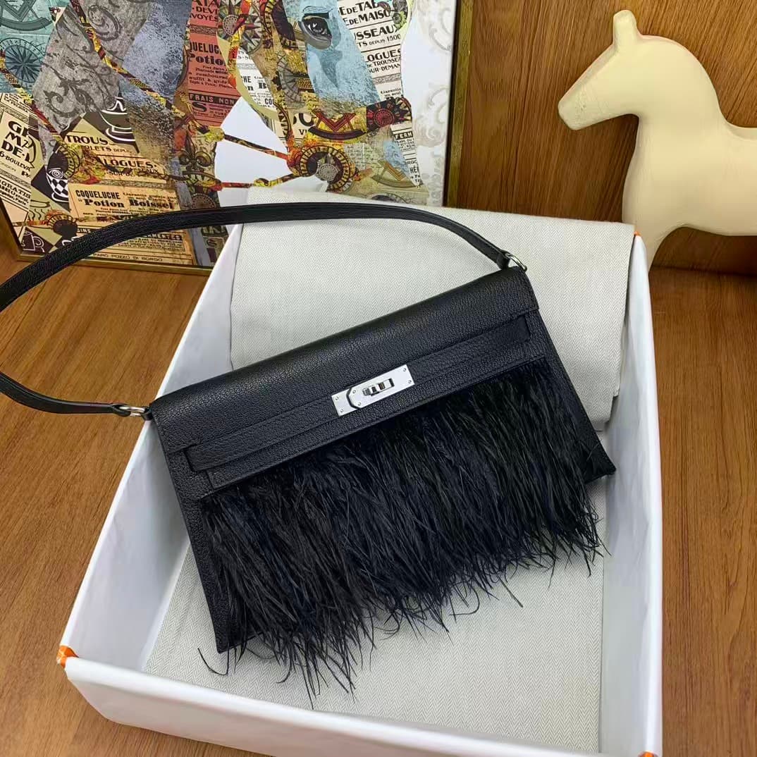 Hermes Kelly Elan  Madame Leather Black Silver-Metal Ostrich Feathers WAX High Customized Style