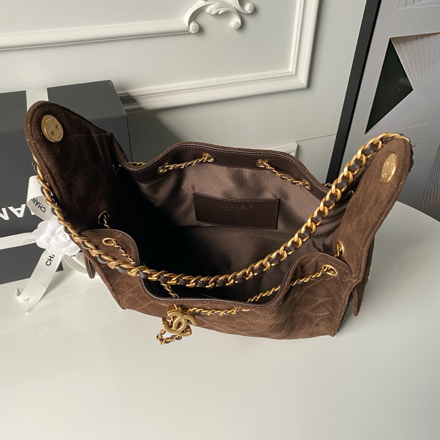 Chanel 25 Small Hobo handbag AS5293 Suede& Gold-Tone Metal Drak Brown A