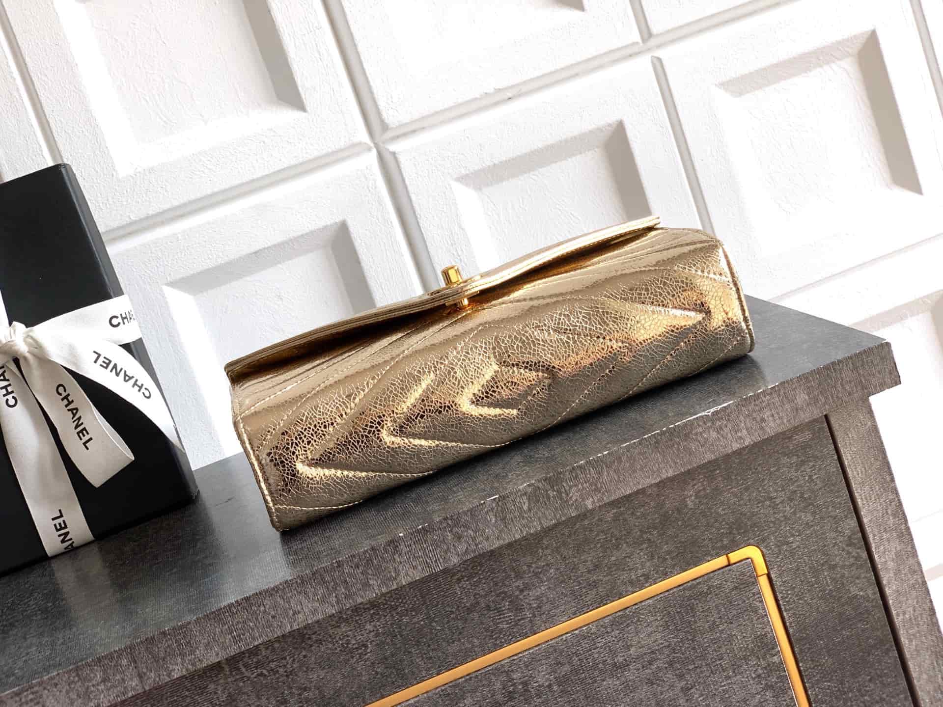 Chanel Flap Bag with Top Handle Metallic Chevron Lambskin Leather Finish& Champagne Gold-Tone Metal Gold AS6044 A