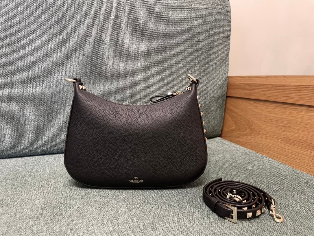 Valentino Garavani Rockstud Hobo bag in grainy black calfskin high