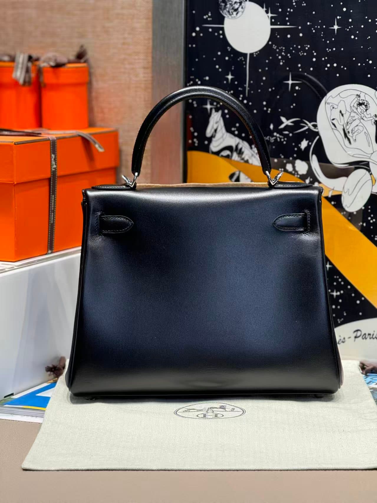Hermes Kelly 25/28/32cm Retourne Bag Box Leather In Black WAX High Customizing style
