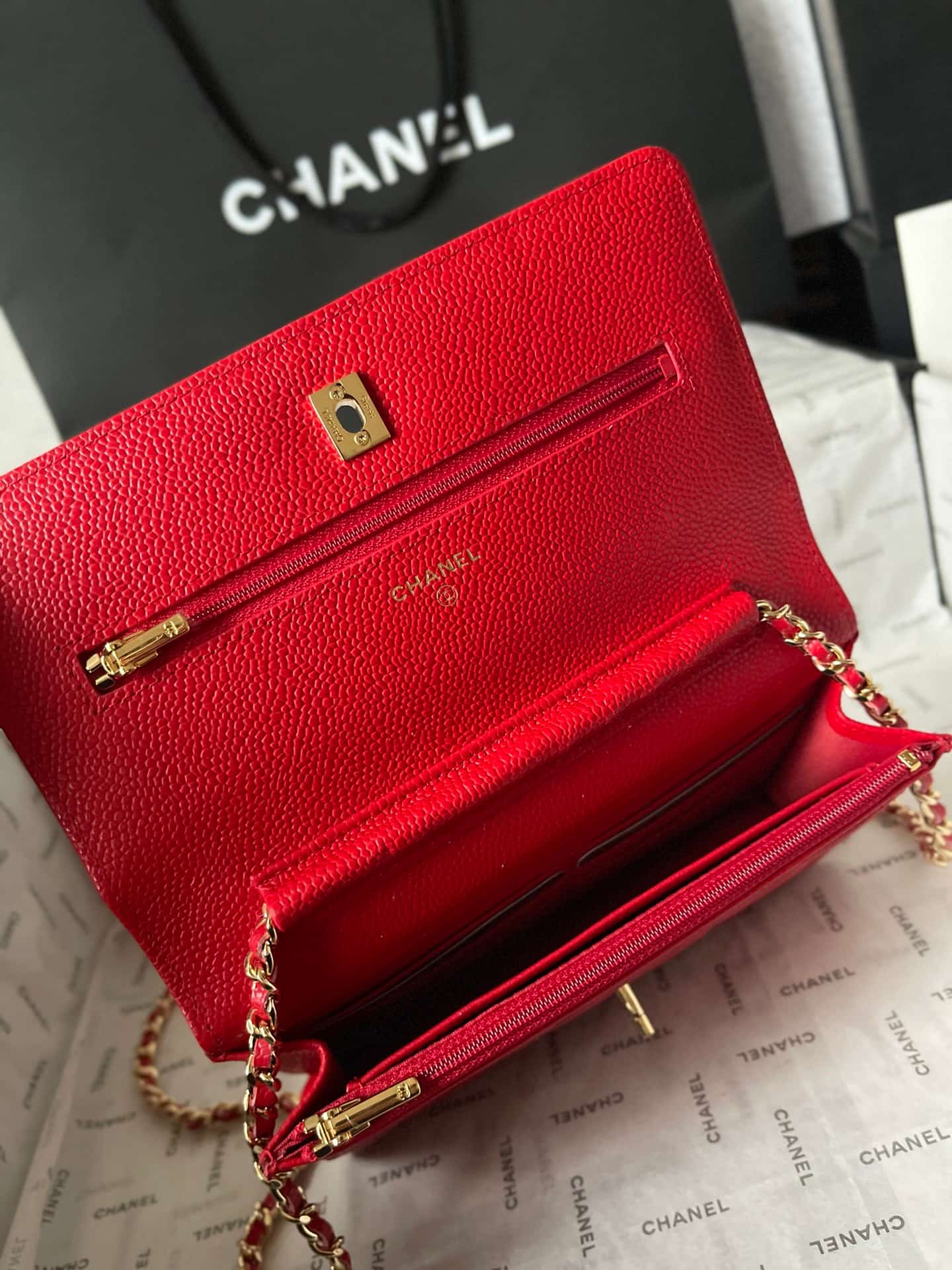 Chanel Classic Wallet on Chain Grained Shiny Calfskin & Gold-Tone Metal AP4241 Red A