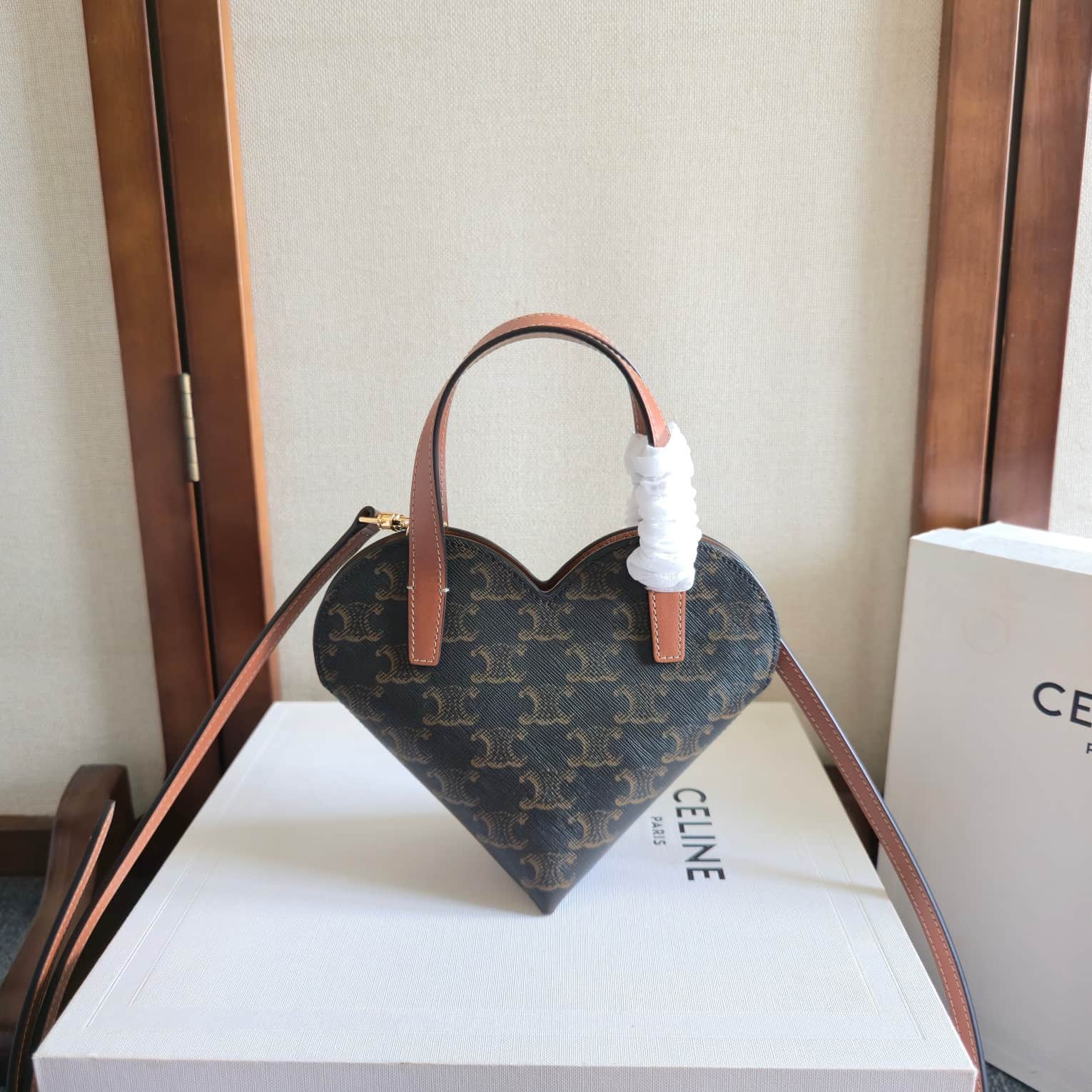 CELINE Triomphe Canvas Calfskin Teen Coeur Heart Bag in Tan High