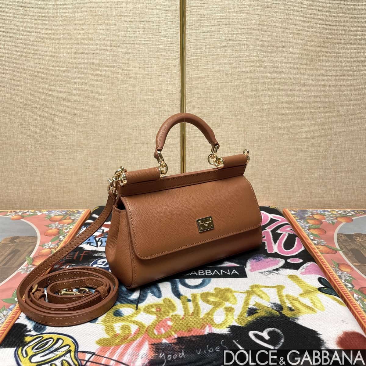 Dolce & Gabbana Miss Sicily top handle bag calfskin leather Caramel High
