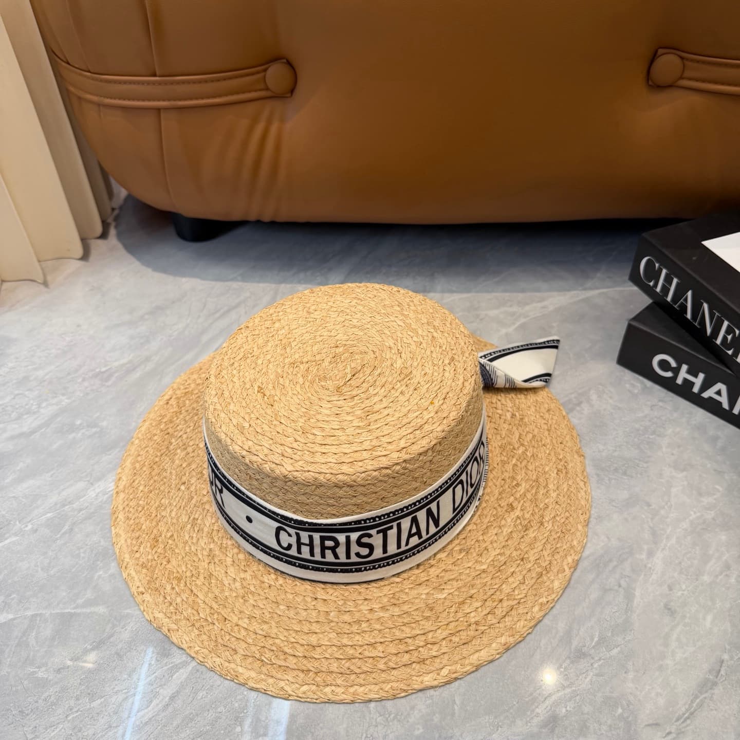 Dior D-Bobby Large Brim Hat Straw with Blue and White