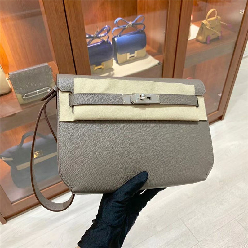 Hermes Kelly Depeches 25 Pouch Epsom Leather Etain WAX High