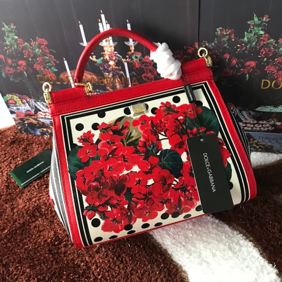 Dolce & Gabbana Miss Sicily top handle bag with embroidered geranium flowers print leather High