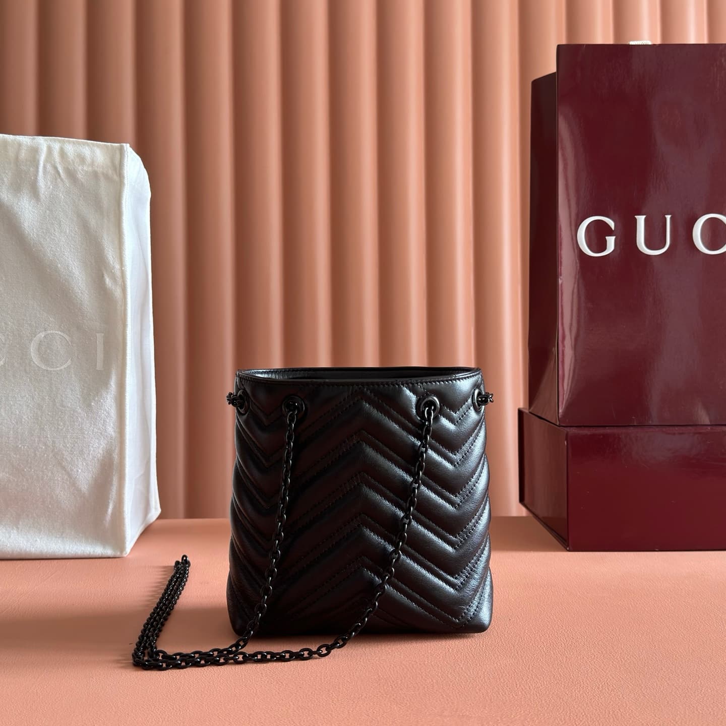 Gucci GG Marmont Nano Bucket Bag Black Matelassé Chevron Nappa Leather ‎856404 High