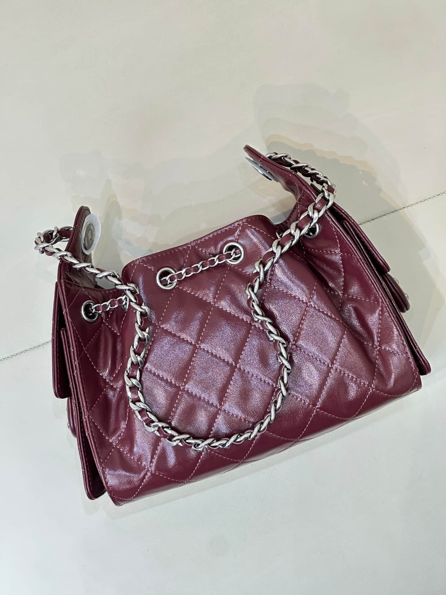 CHANEL 25 Mini Handbag AS5631 Shiny Calfskin & Silver-tone Metal Burgundy TOP