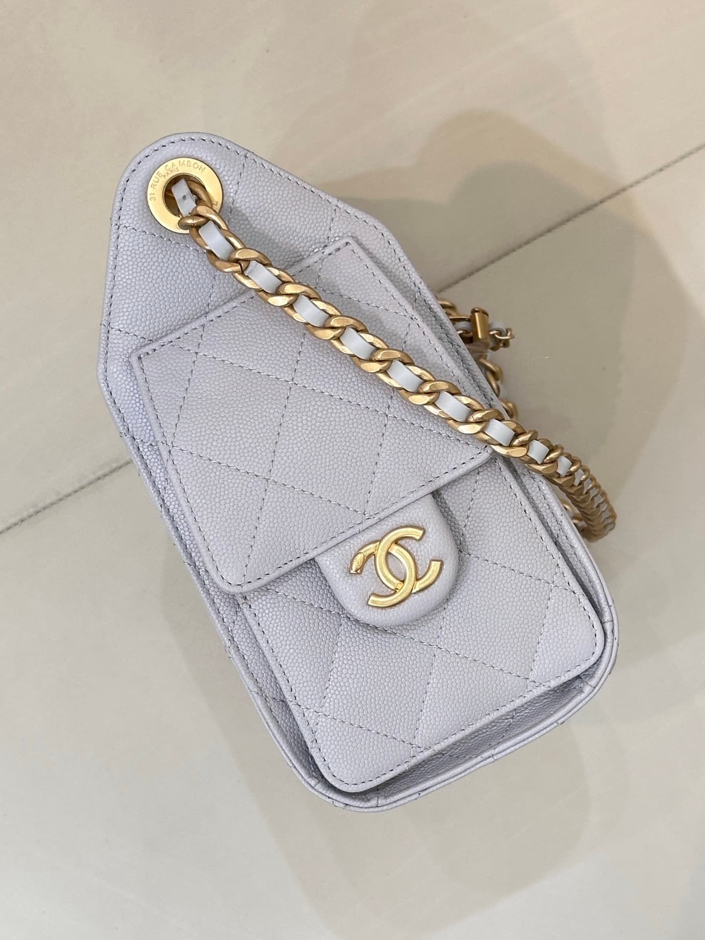 CHANEL 25 Mini Handbag AS5631 Grained Calfskin & Gold-tone Metal Light Grey TOP