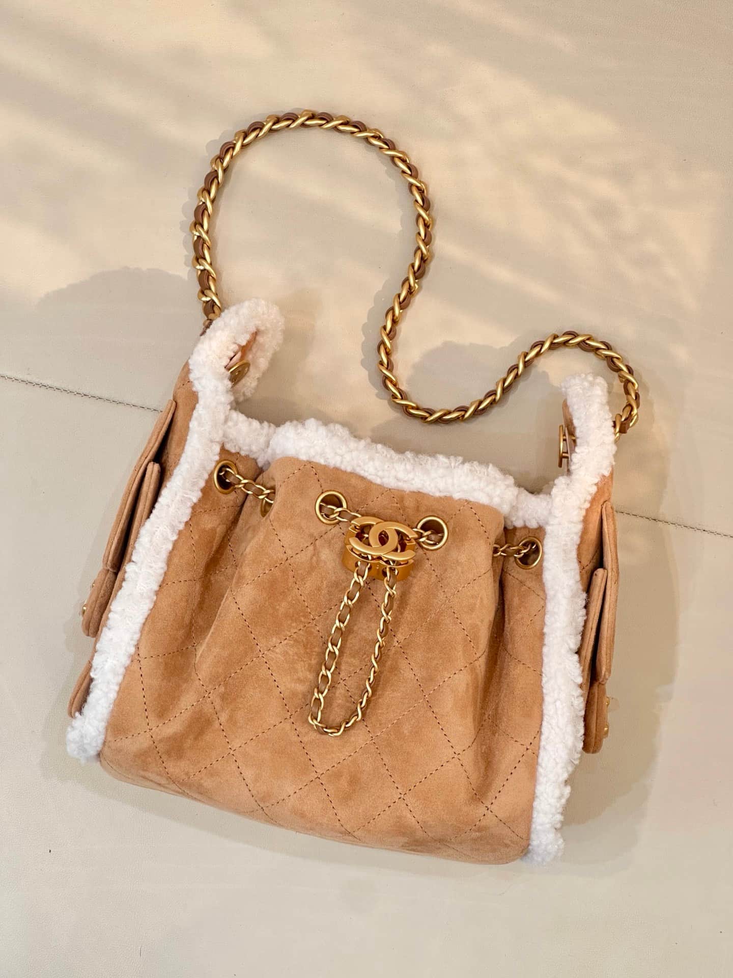 CHANEL 25 Mini Handbag AS5631 Suede &Shearling &Gold-tone Metal Beige TOP