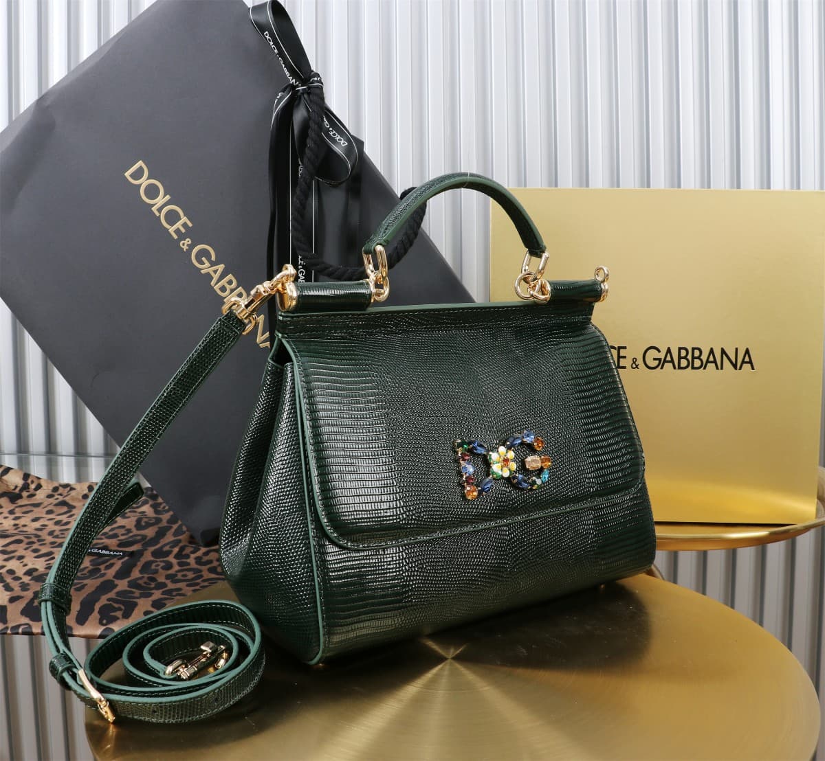 Sicily Handbag 25cm in Iguana Print Calfskin and Crystal DG Logo Patch High