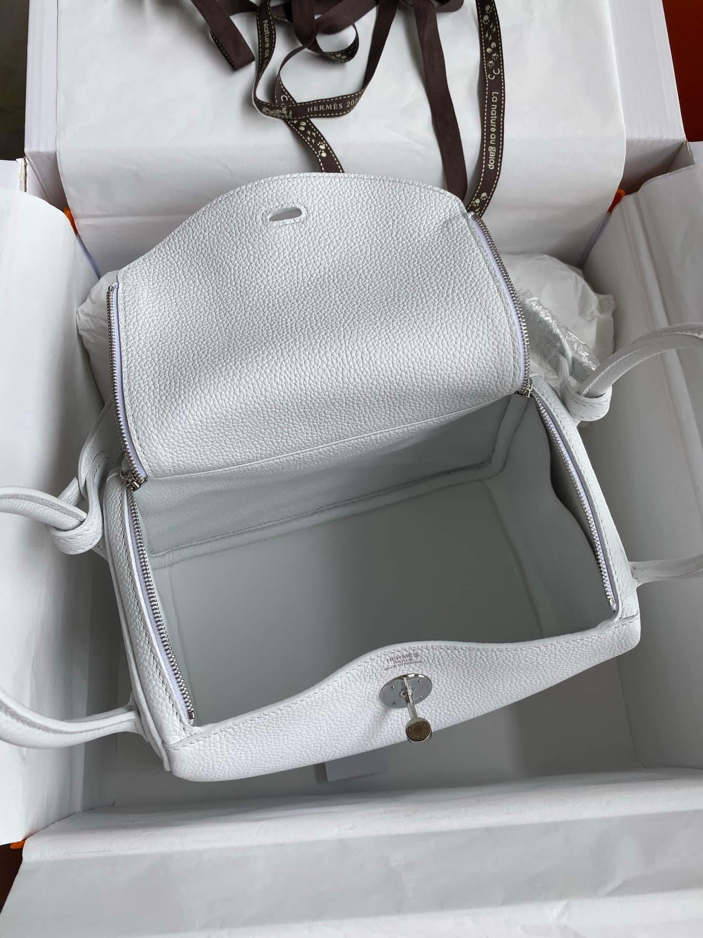 Hermes Lindy 19/26cm Bag Clemence Leather In Blanc Silver-Metal WAX High Customizing Style