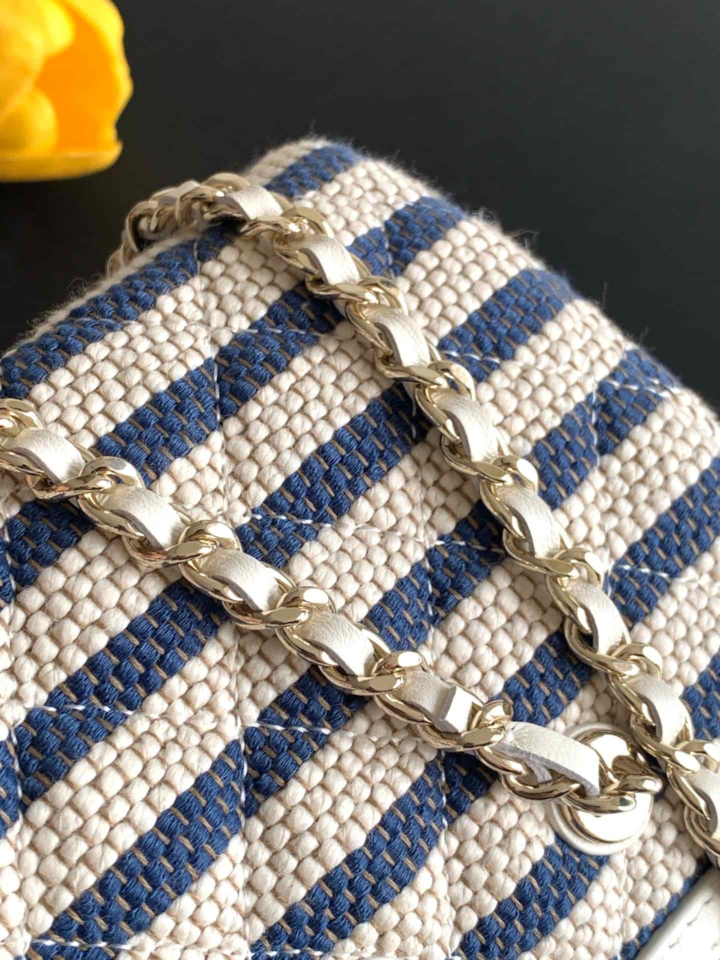 Chanel Clutch with Chain Printed Fabric & Gold-Tone Metal Beige & Light Blue AP4986 A