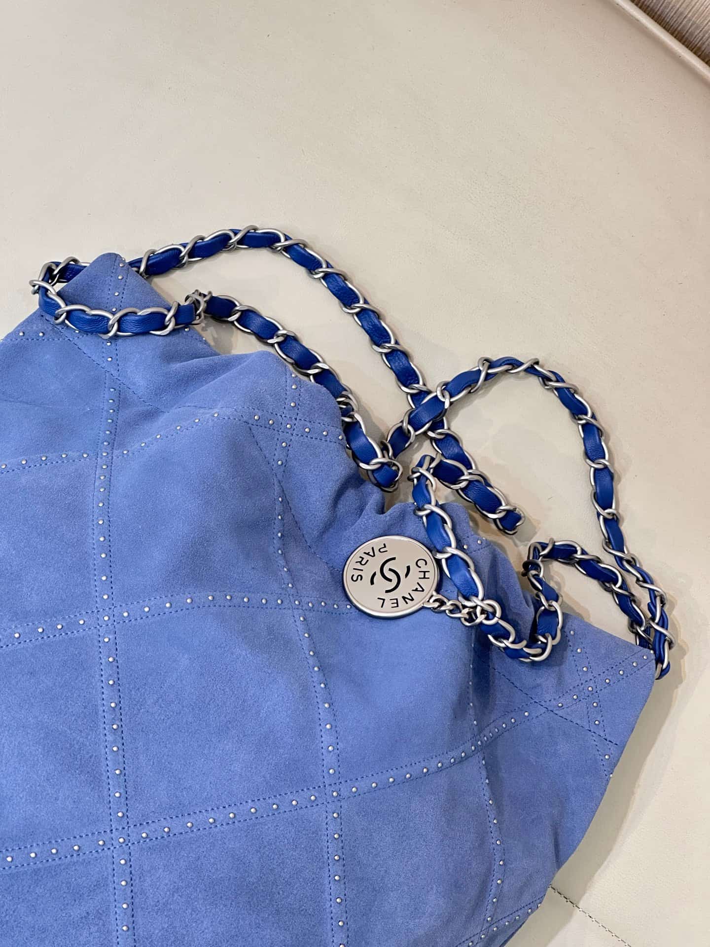 Chanel 22 Small handbag Suede calfskin studs & silver-tone metal AS3260 Blue TOP