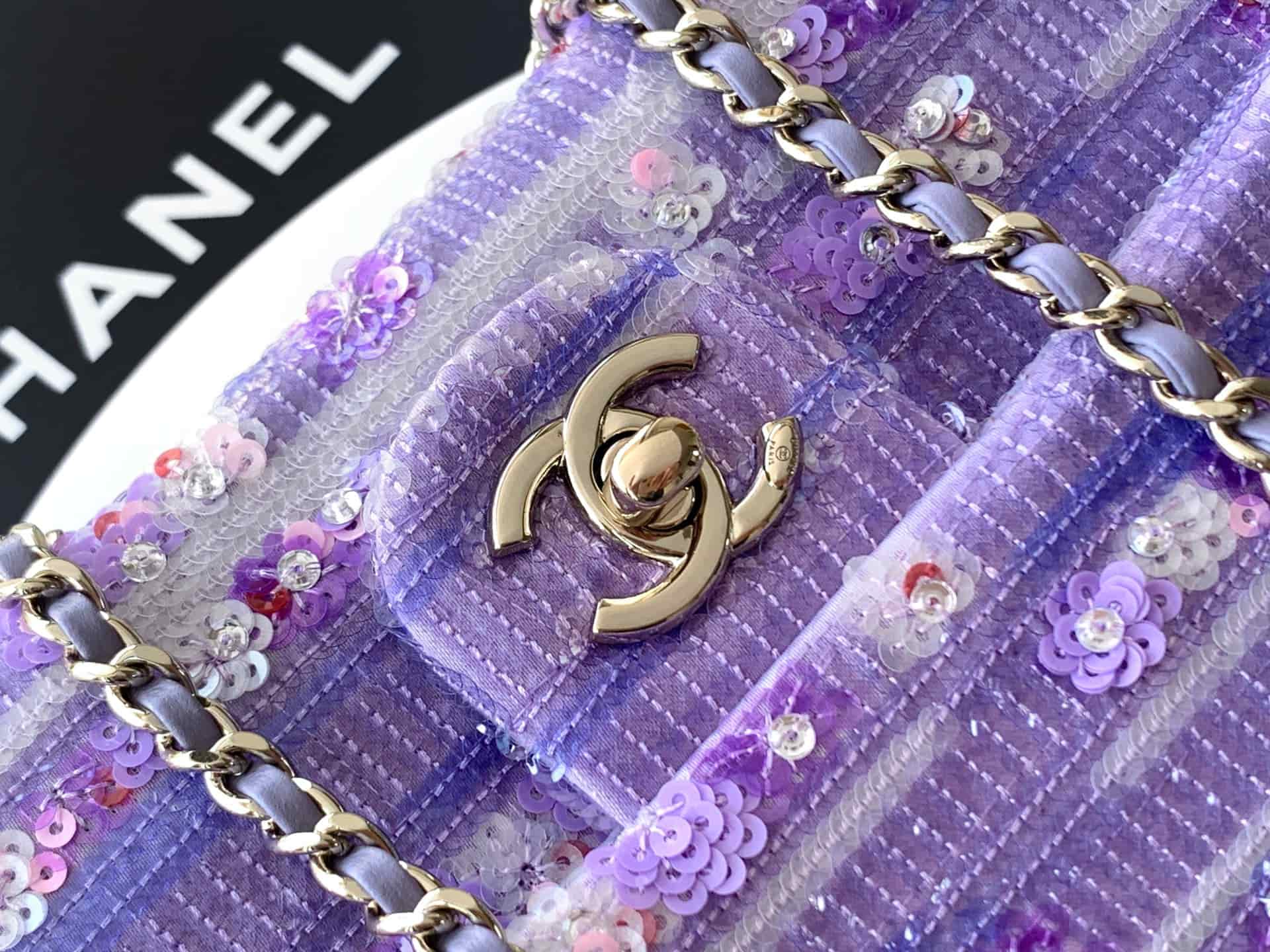 Chanel Classic Mini Flap Bag Sequin Embroidery & Gold-Tone Metal Purple 6171 A