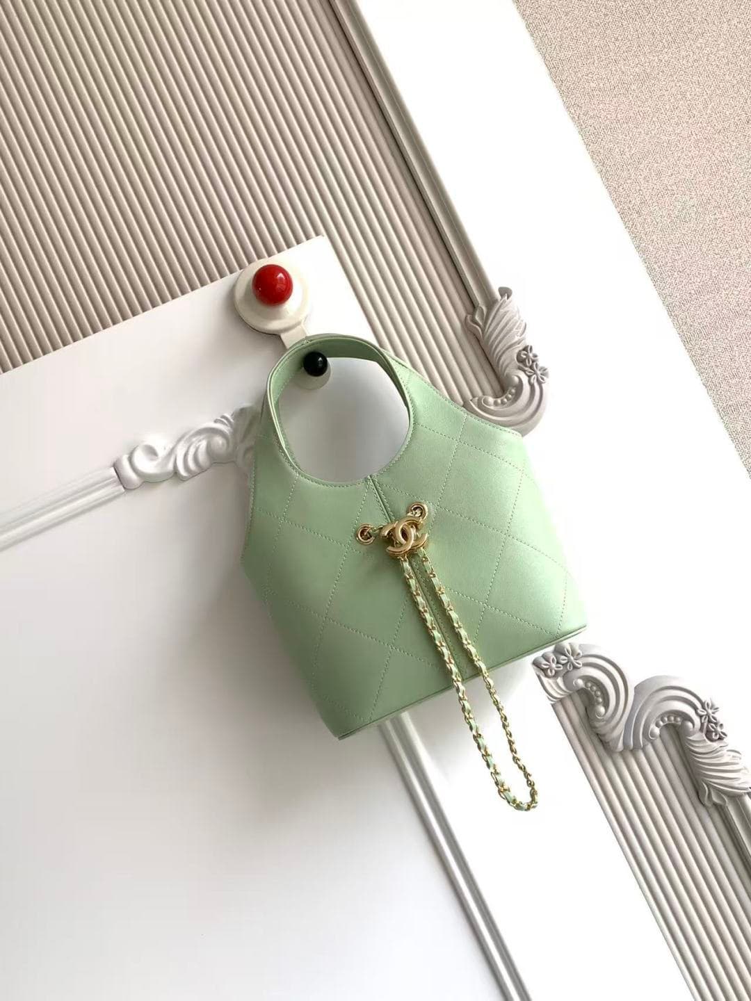 Chanel Small Shopping Bag Green Leather & Gold-Tone Metal AS6132 A