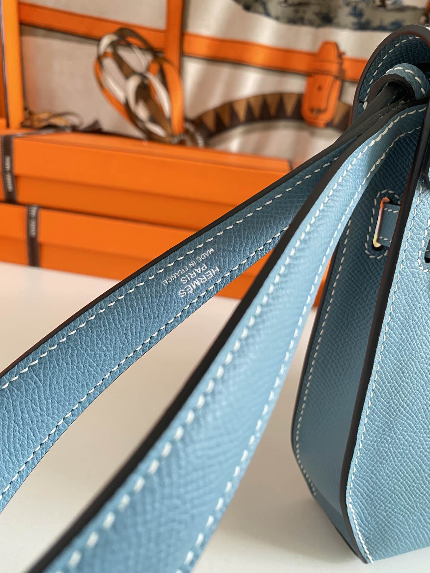Hermes Kelly Depeches 25 Pouch Epsom Leather Denim Fonce WAX High