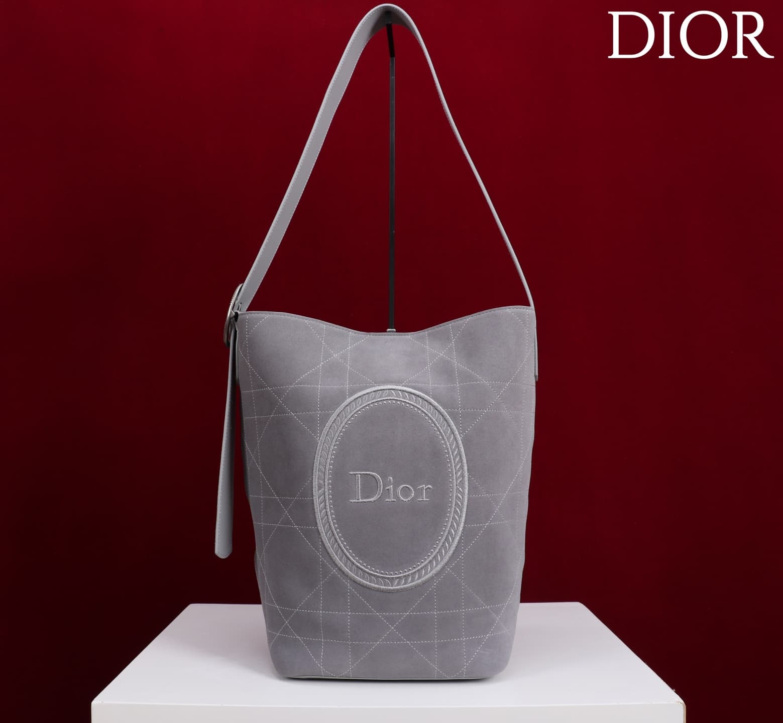 Dior Macrocannage Grey Suede Leather Medium Bucket Bag High