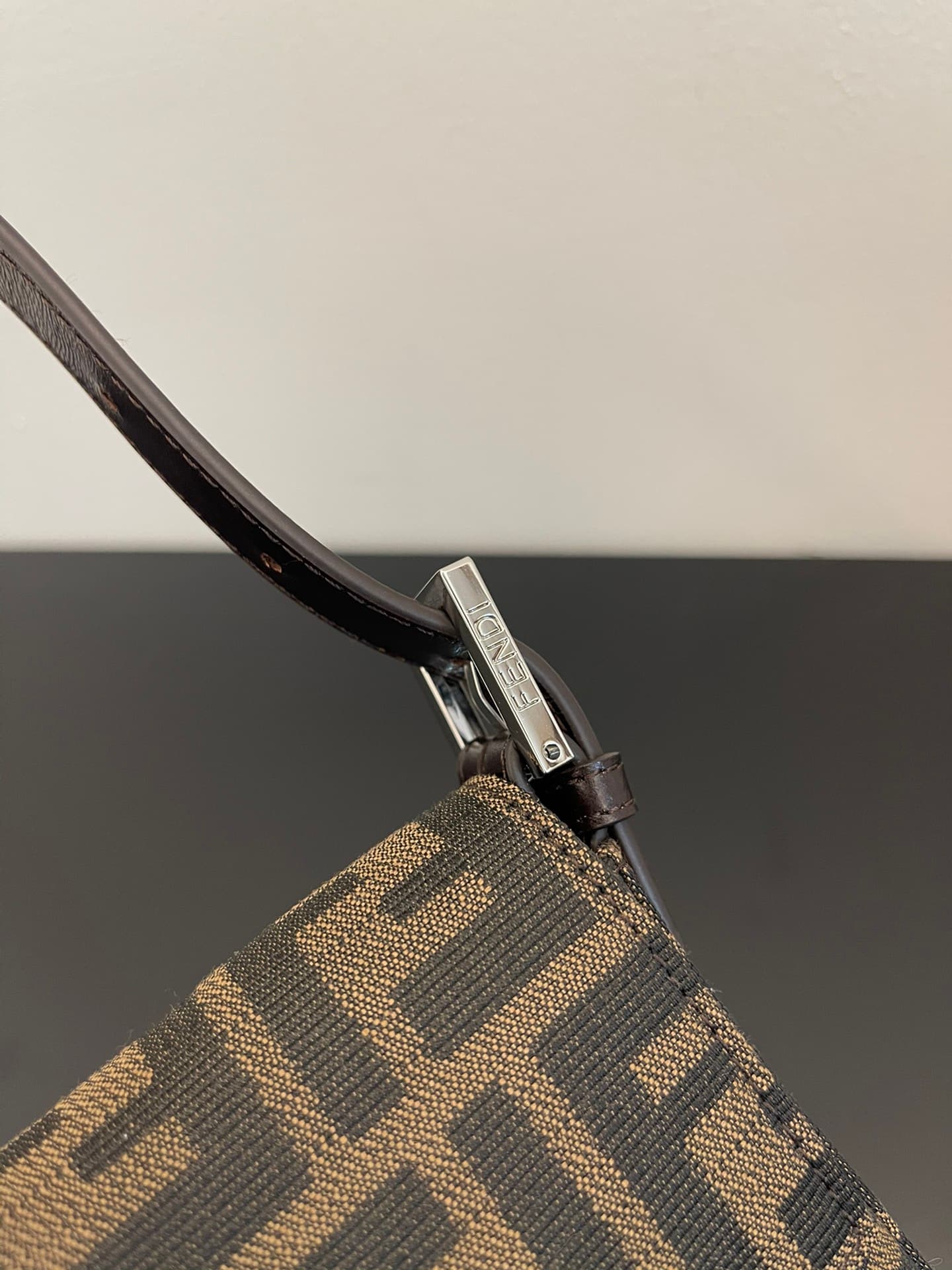 FENDI BAGUETTE fabric bag silver metal Brown High