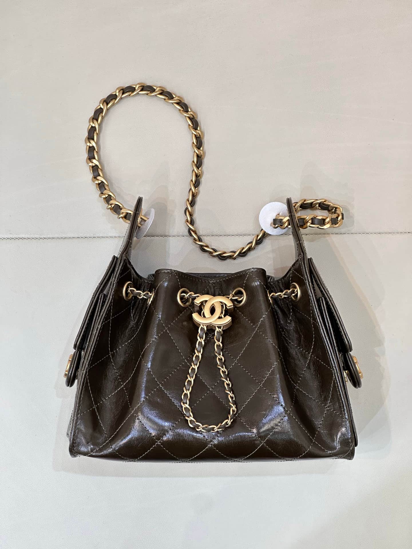 CHANEL 25 Mini Handbag AS5631 Shiny Calfskin & Gold-tone Metal Dark Brown TOP