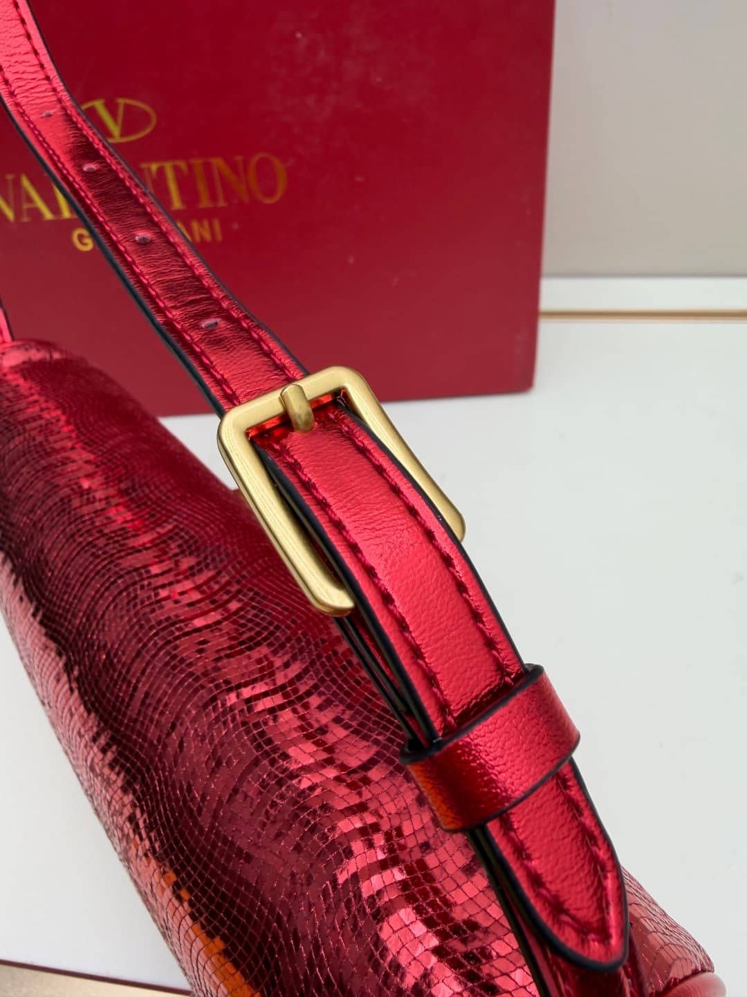 Valentino Garavani Devain Small Nappa Sequins Shoulder Bag Red High