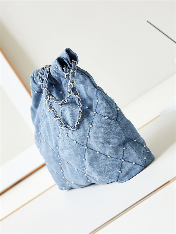 Chanel 22 SMALL HANDBAG Denim & Silver-Tone Metal AS3260 Blue A