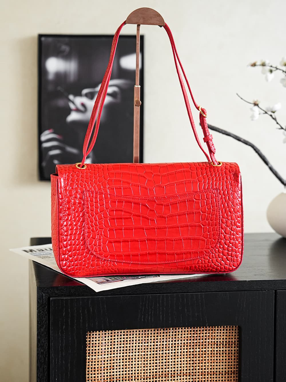 Chanel Maxi Flapbag Crocodile Embossed Calfskin& Gold-Tone Metal Red AS6231 A