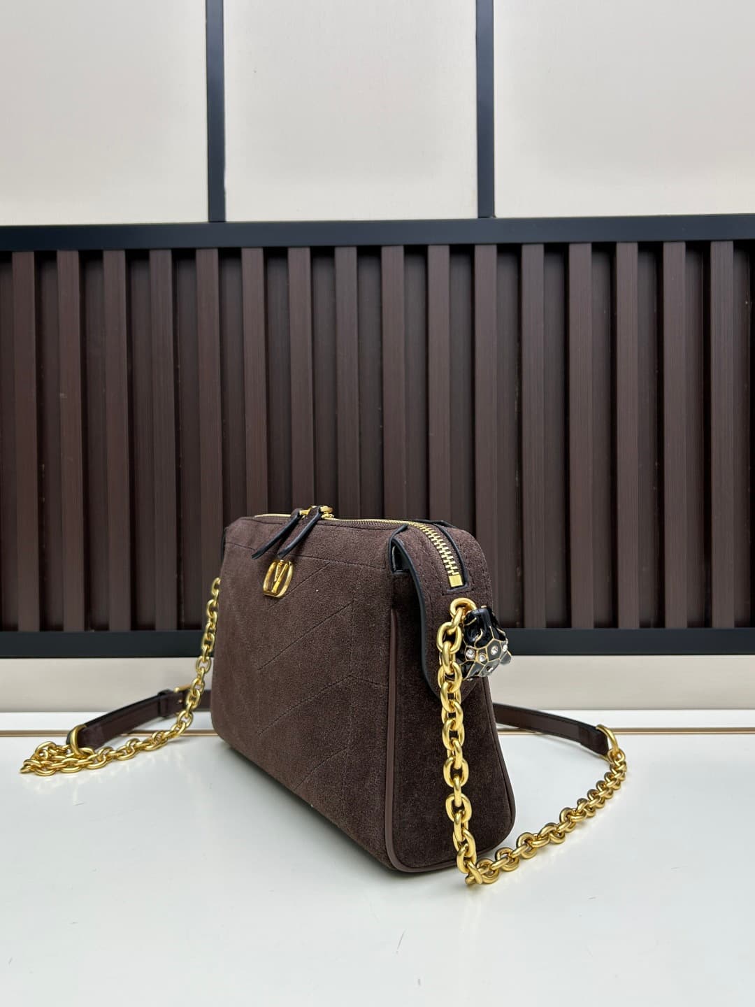 Valentino VLogo Garavani Panthea Shoulder Bag Dark Coffee Suede Mid