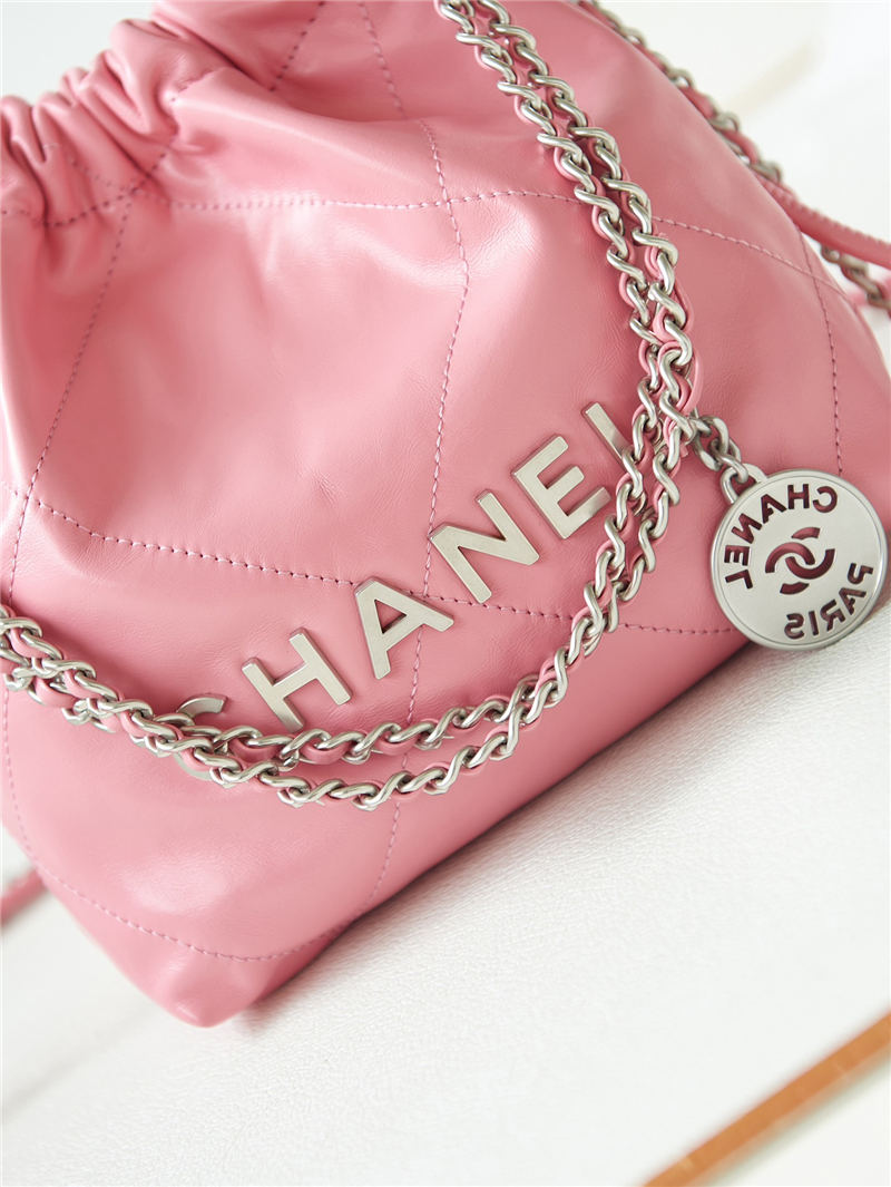 Chanel 22 MINI HANDBAG Shiny Calfskin Pink-Peach & Silver-Tone Metal AS3980 A