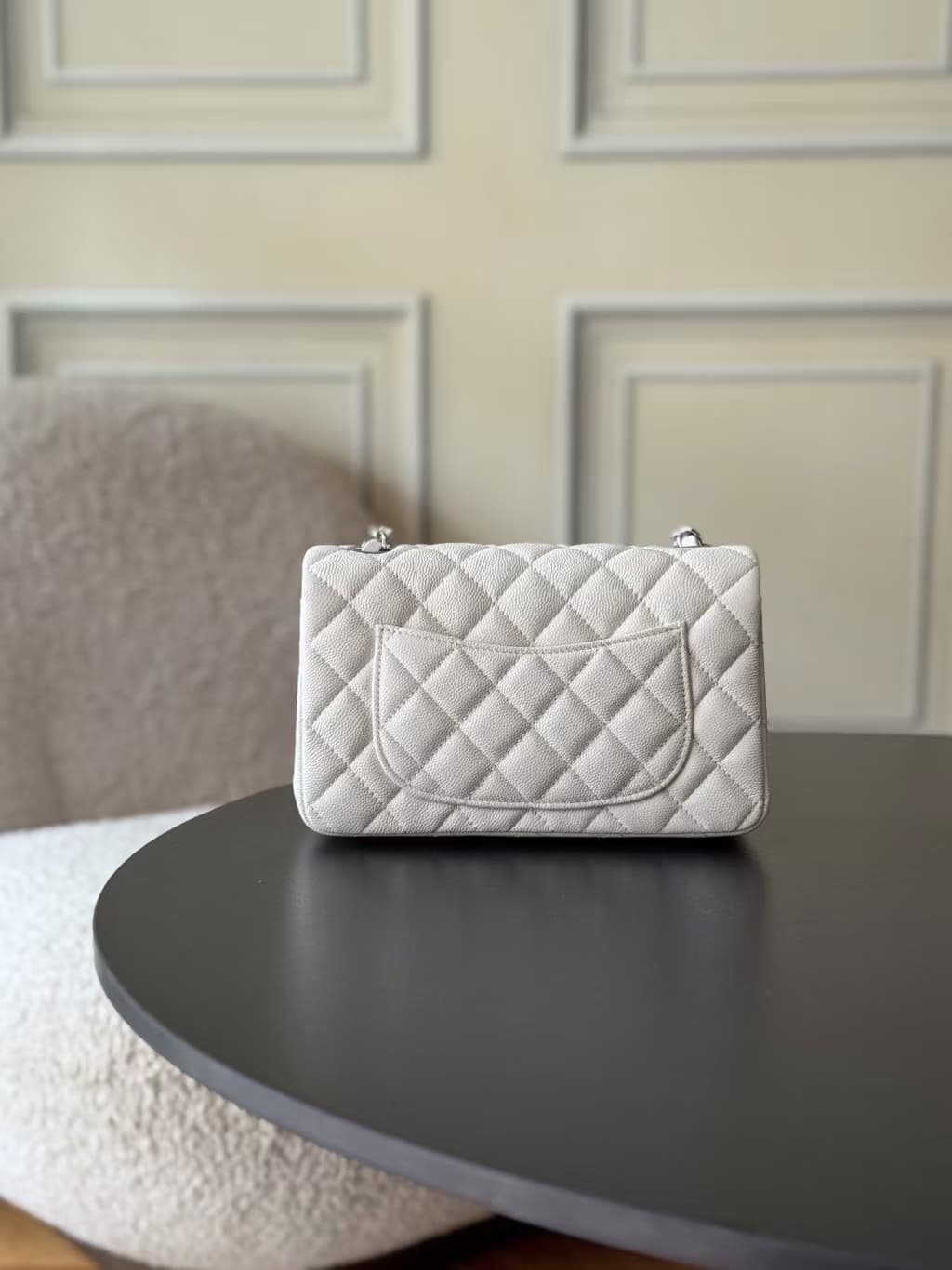 CHANEL Mini Classic Handbag Grained Calfskin & Silver-tone Metal A69900 White TOP