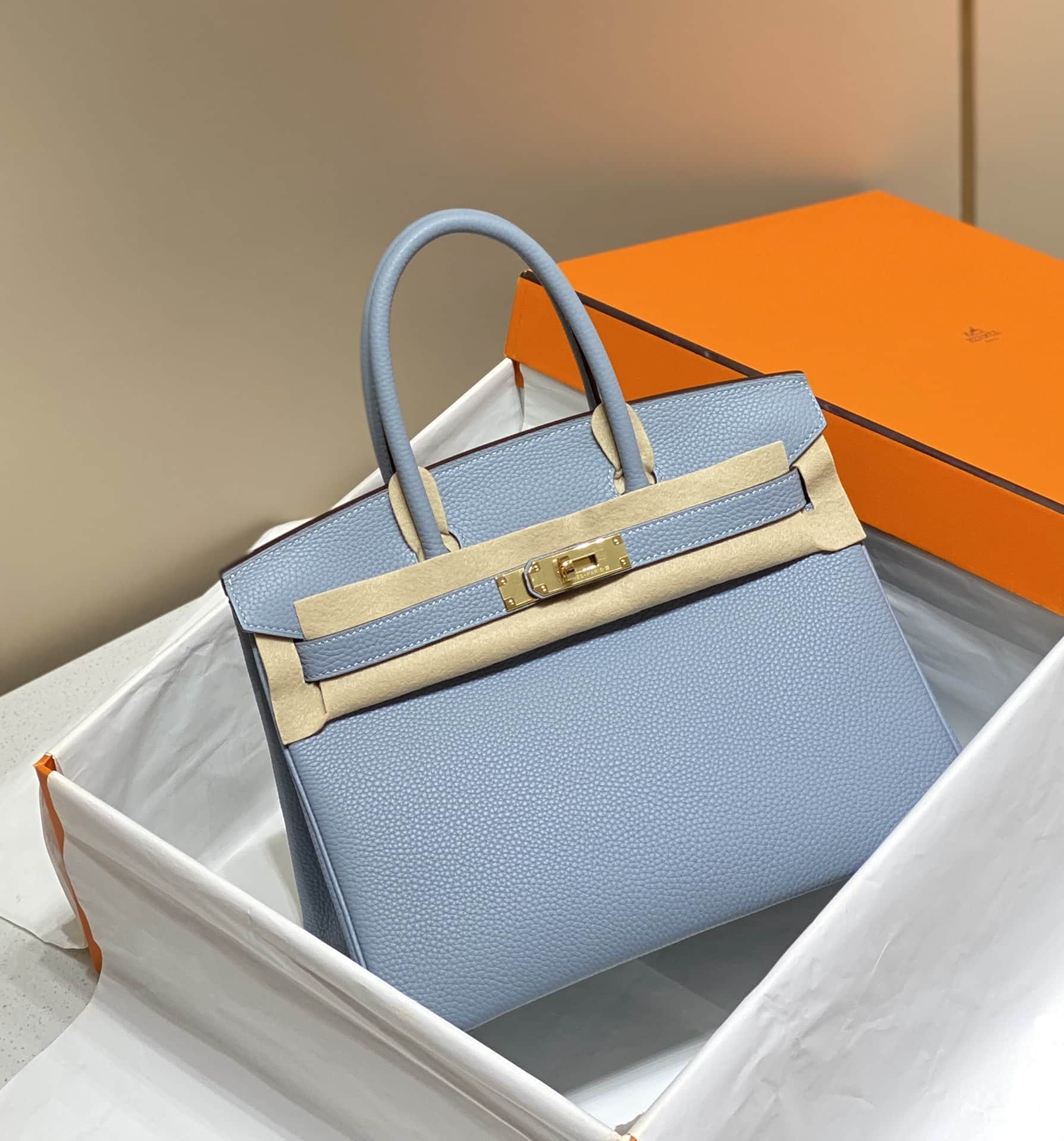 Hermes Birkin 25/30/35cm Bag Calfskin Silver/Gold Metal In Lt-Blue High