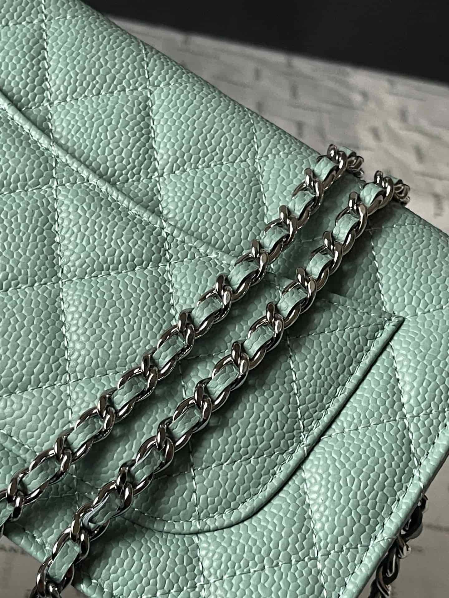 Chanel Classic Wallet on Chain Grained Shiny Calfskin & Silver-Tone Metal AP4241 Light Green A