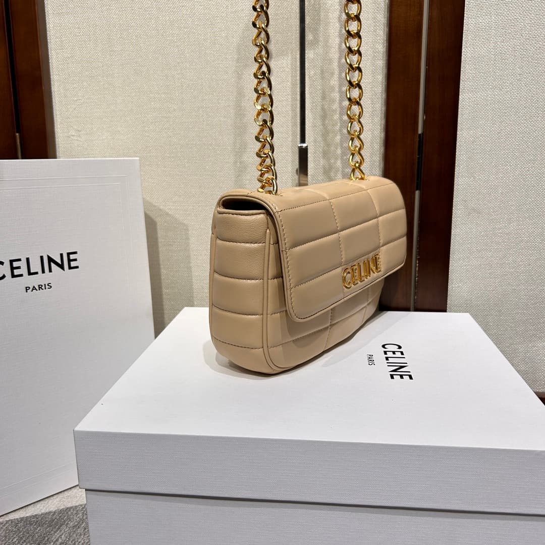 Celine Matelasse Monochrome Chain Shoulder Bag Beige High