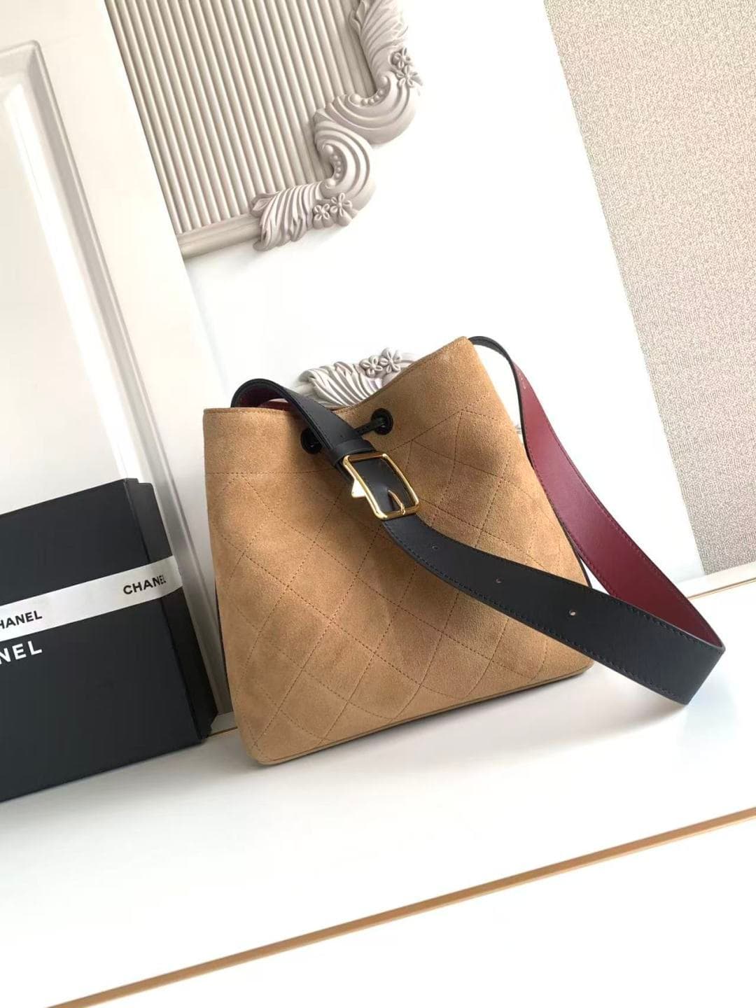 Chanel Small Bucket Bag Suede Calfskin & Gold-Tone Metal Dark Beige AS6584 A