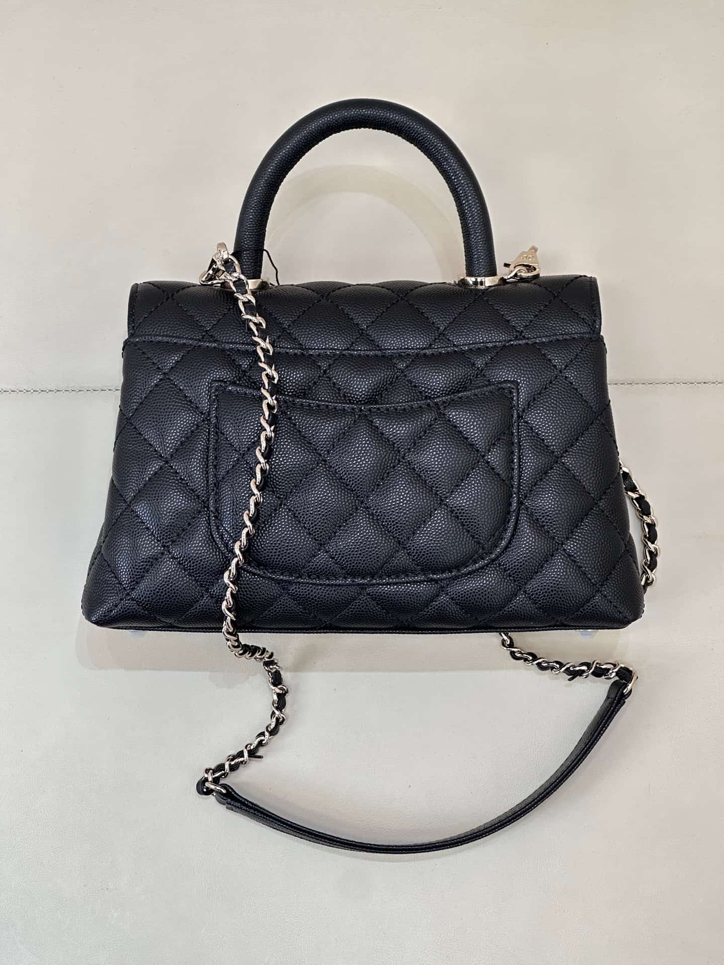 FLAP BAG WITH TOP HANDLE Grained Calfskin & Gold-Tone Metal A92990 Black  TOP