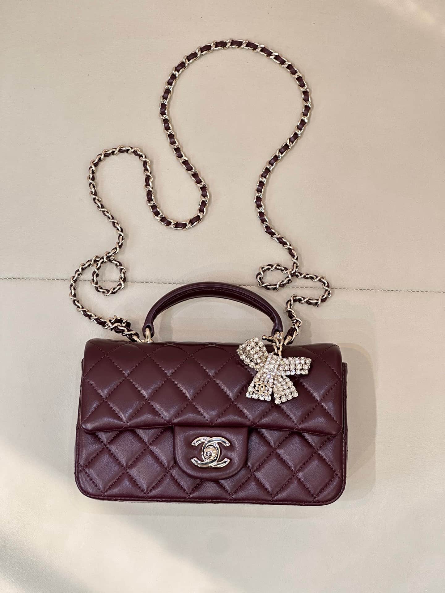 Chanel Mini Classic Handbag Lambskin Strass & Gold-Tone Metal AS2431 Burgundy TOP