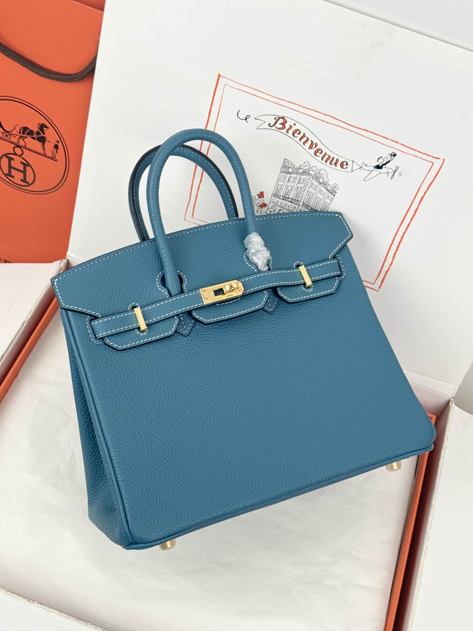 Hermes Birkin 25/30 Bag Togo Calfskin Leather Bleu Jean High