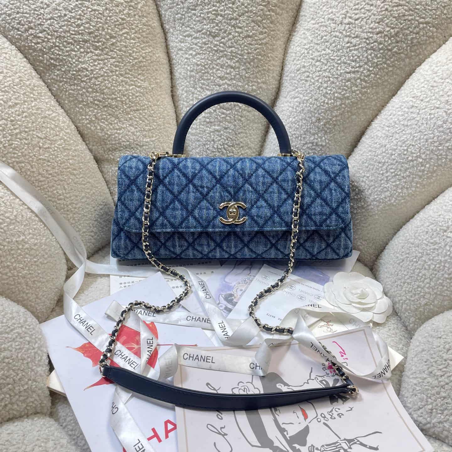 Chanel Maxi Flap Bag with Top Handle Washed Denim& Gold-Tone Metal AS6091 Blue A