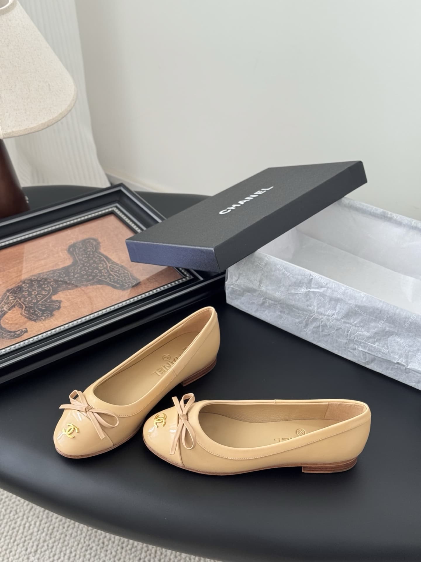 Chanel Lambskin Cap Toe CC Ballerina Flats Shoes Women