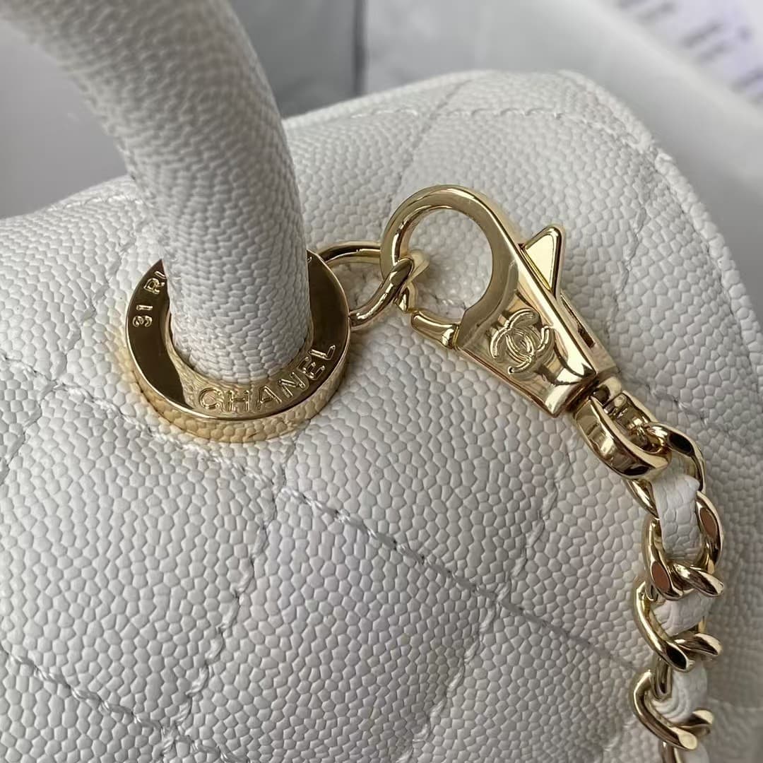 FLAP BAG WITH TOP HANDLE Grained Calfskin & Gold-Tone Metal A92990 White A