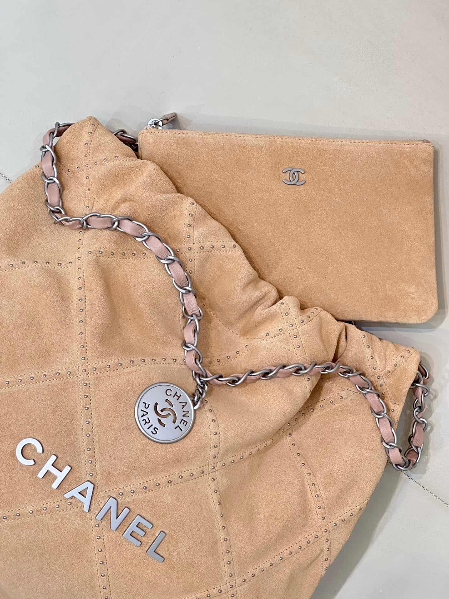 Chanel 22 Small handbag Suede calfskin studs & silver-tone metal AS3260 Beige TOP