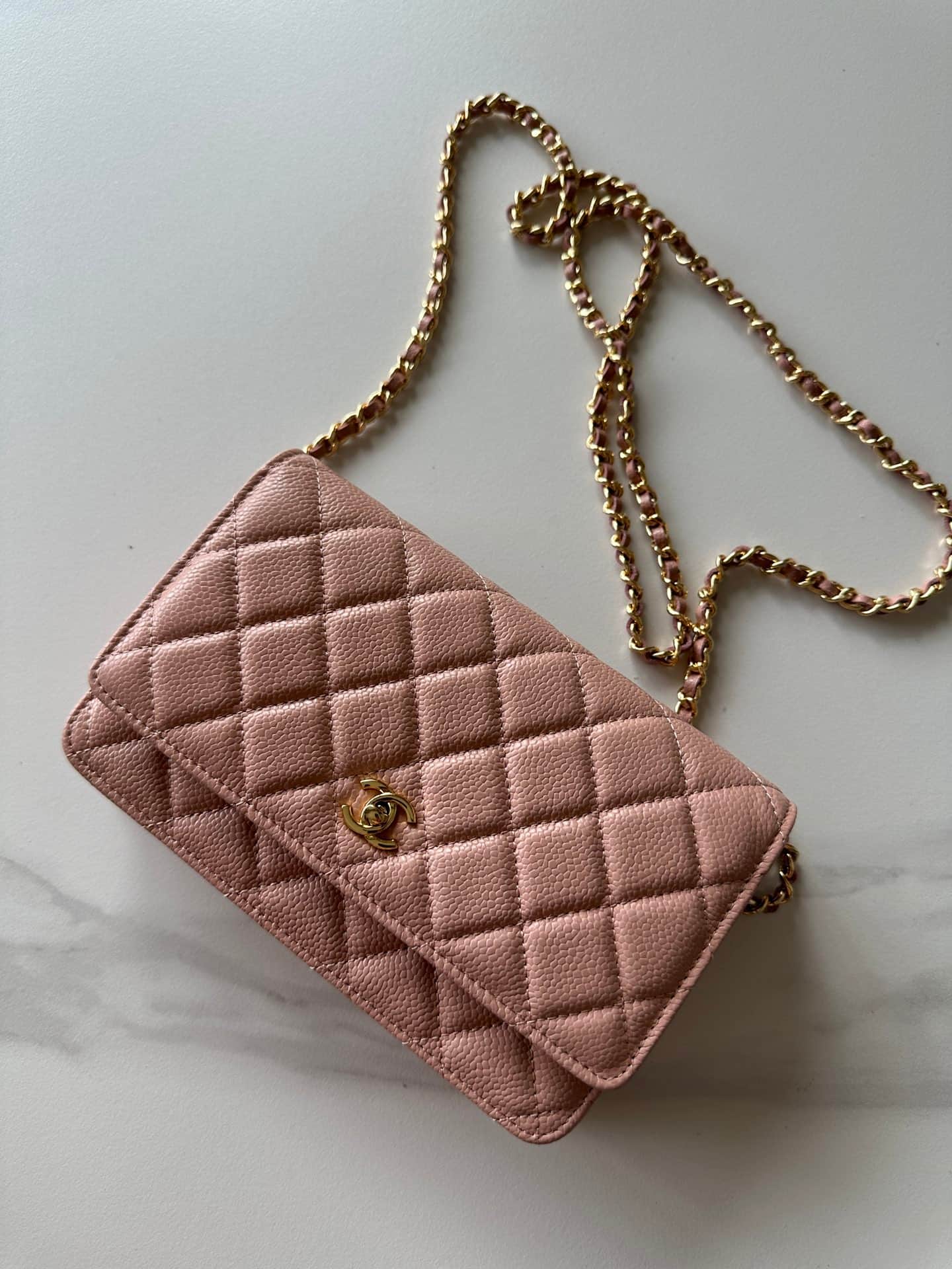 Chanel Classic Wallet on Chain Grained Shiny Calfskin & Gold-Tone Metal AP4241 Light Pink High