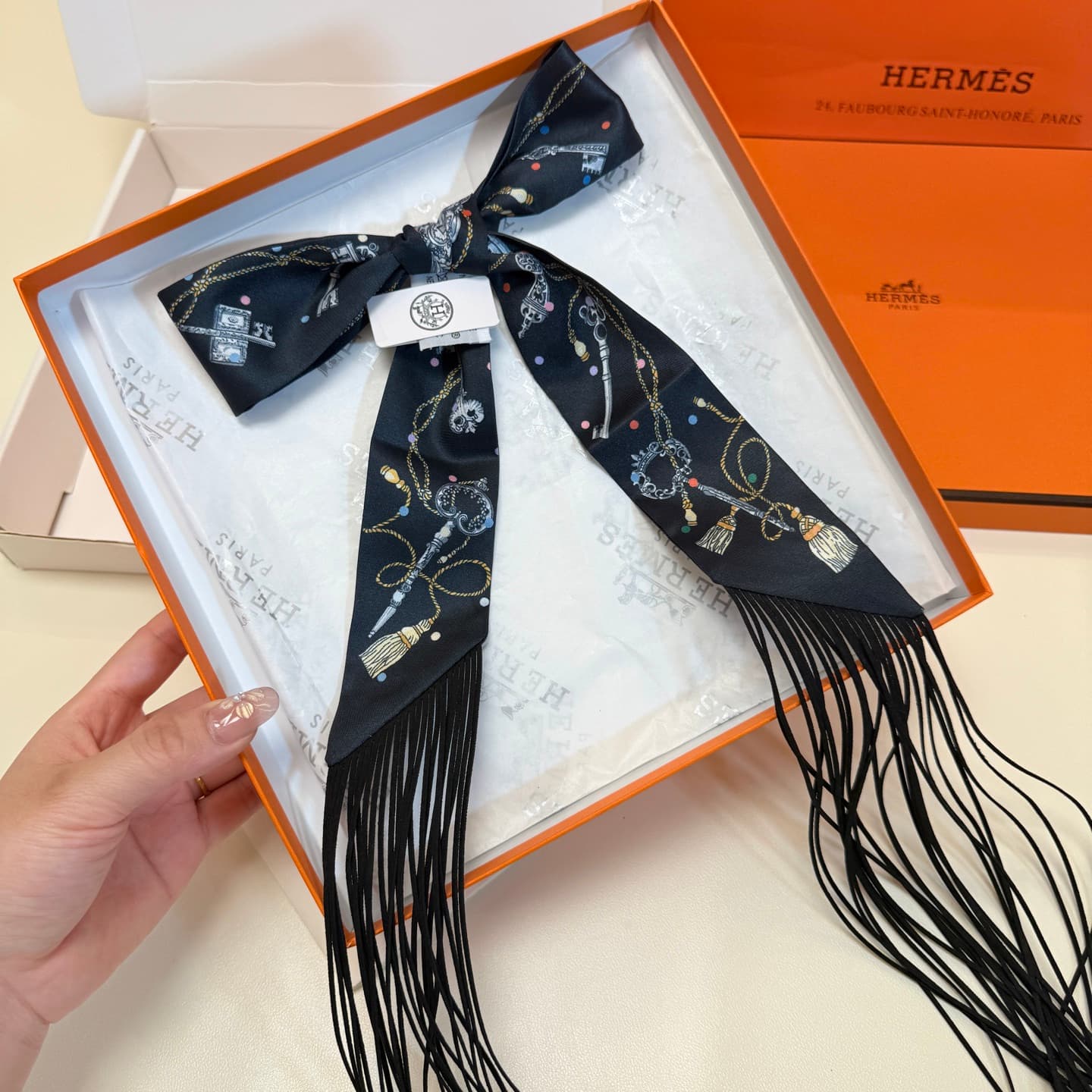 Hermes Les Cles a Pois Fringed Silk Twilly