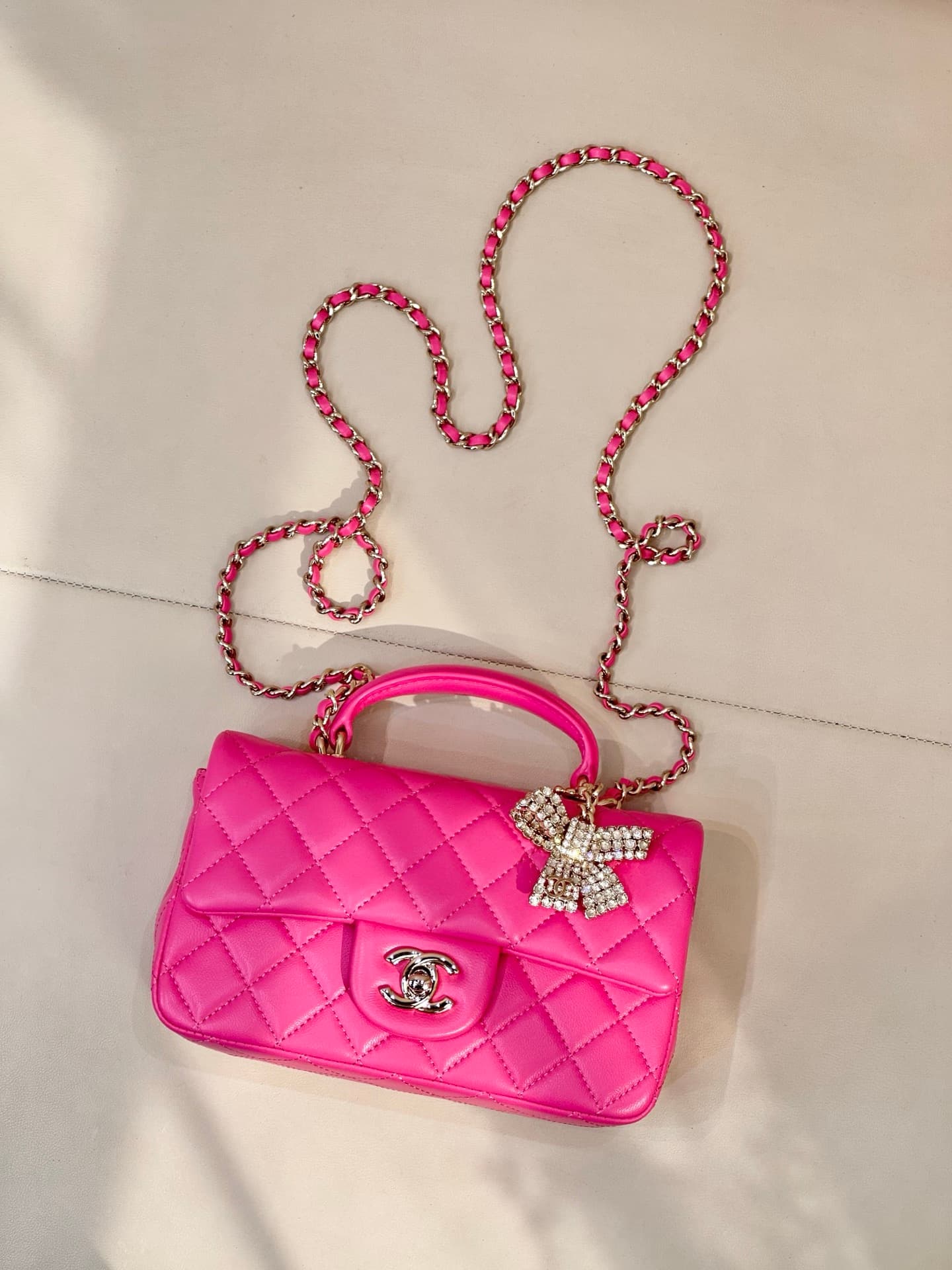 Chanel Mini Classic Handbag Lambskin Strass & Gold-Tone Metal AS2431 rose red TOP