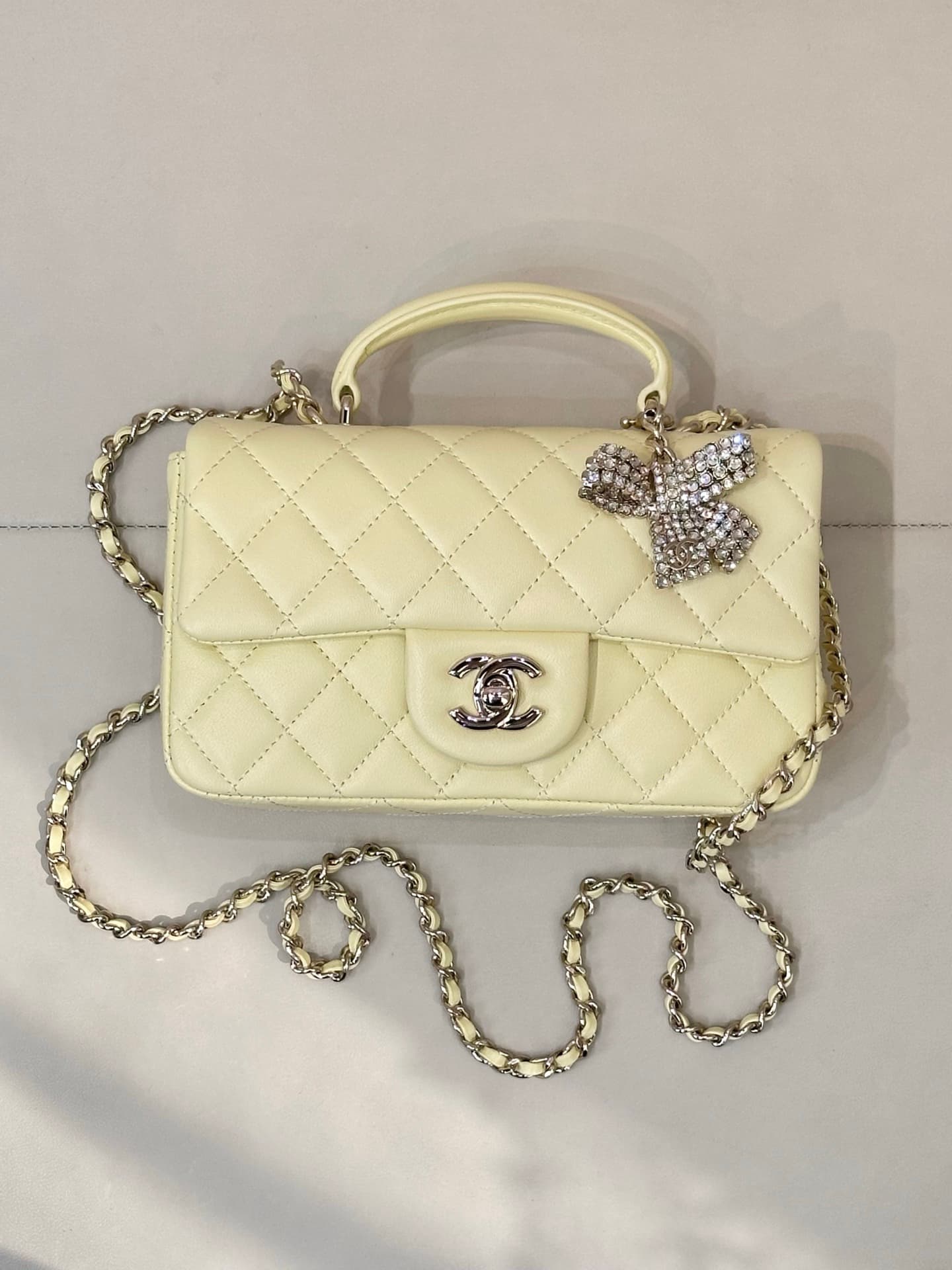 Chanel Mini Classic Handbag Lambskin Strass & Gold-Tone Metal AS2431 light yellow TOP